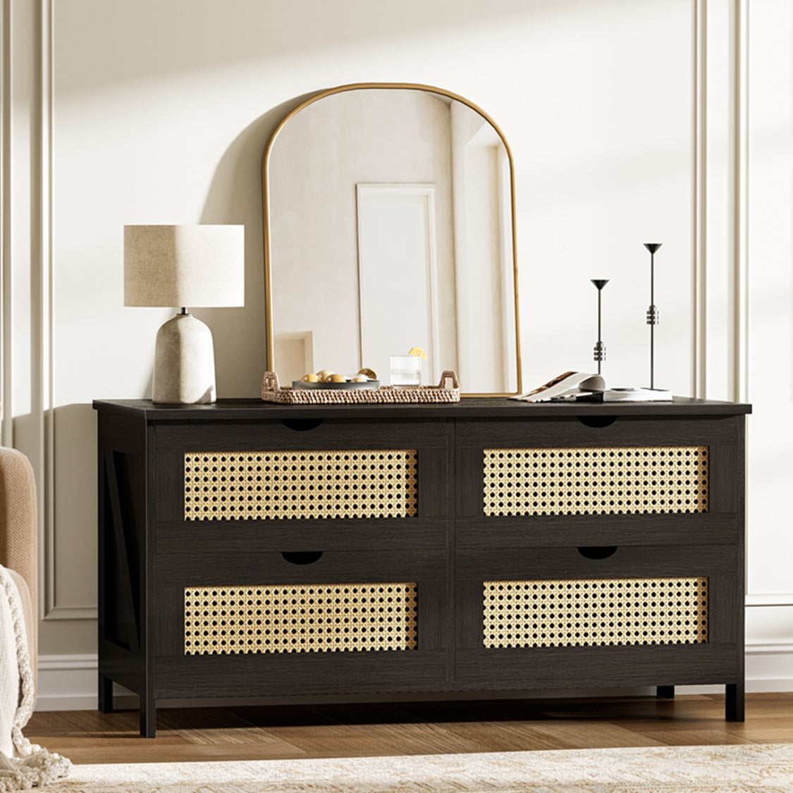 DOVEAID Coffee Table with 4 Drawers, Weave Rattan Table for Living Room, 42''H in, Dark gray, Rectangle