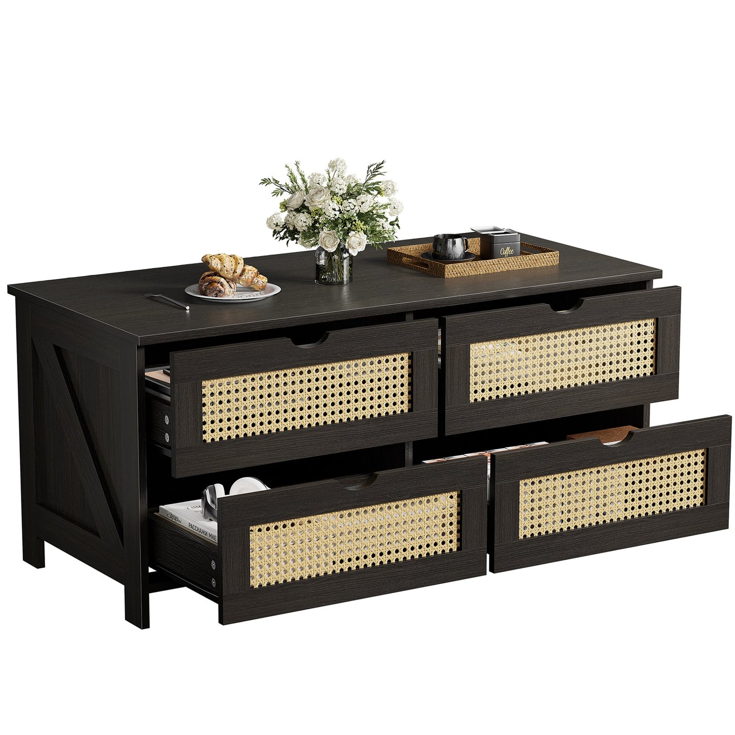 DOVEAID Coffee Table with 4 Drawers, Weave Rattan Table for Living Room, 42''H in, Dark gray, Rectangle
