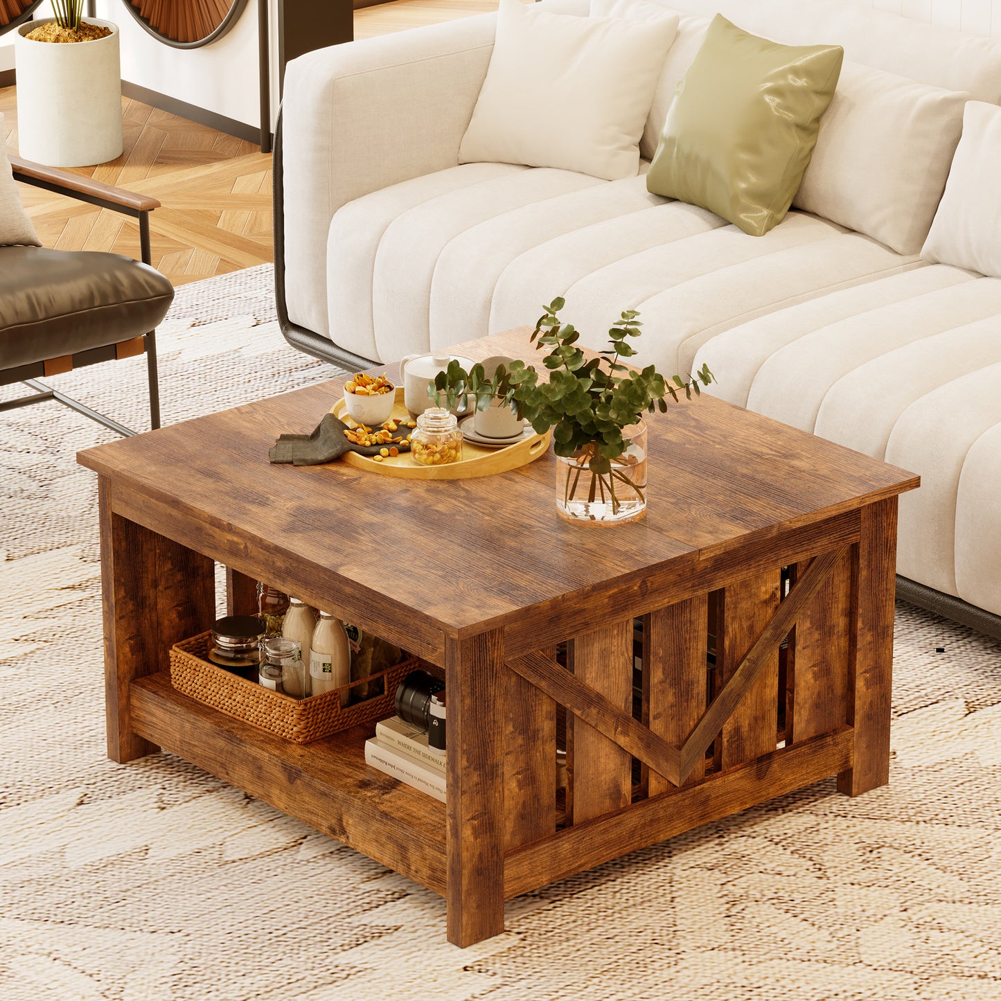DOVEAID Lift Top Coffee Table with Storage Cabinet and 2 Compartments for Living Room, Brown, 31.5''Hx31.5''W in
