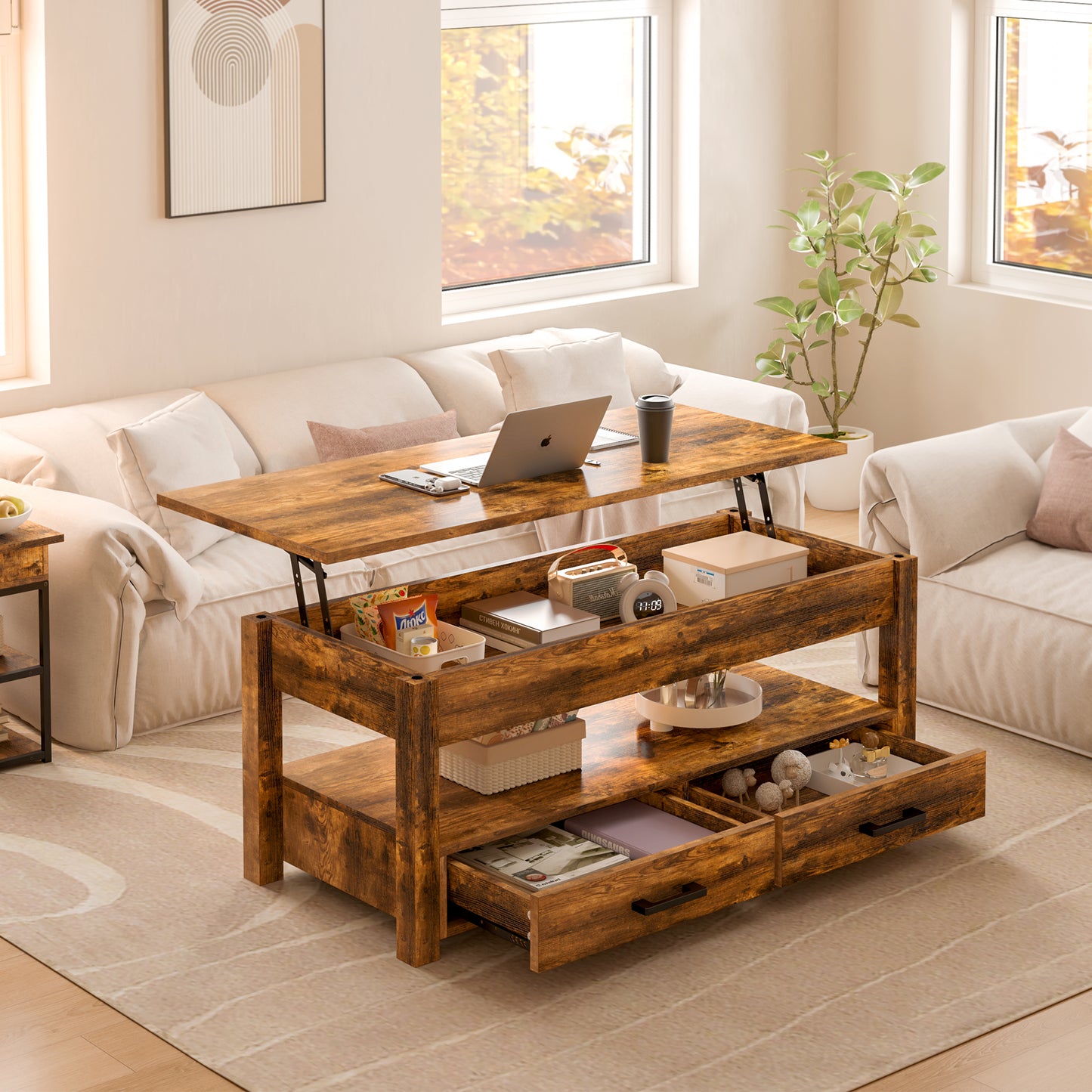 DOVEAID Lift Top Coffee Table with 2 drawers,Wooden Convertible Coffee Table with Storage for Living Room,center Table,Brown,42"