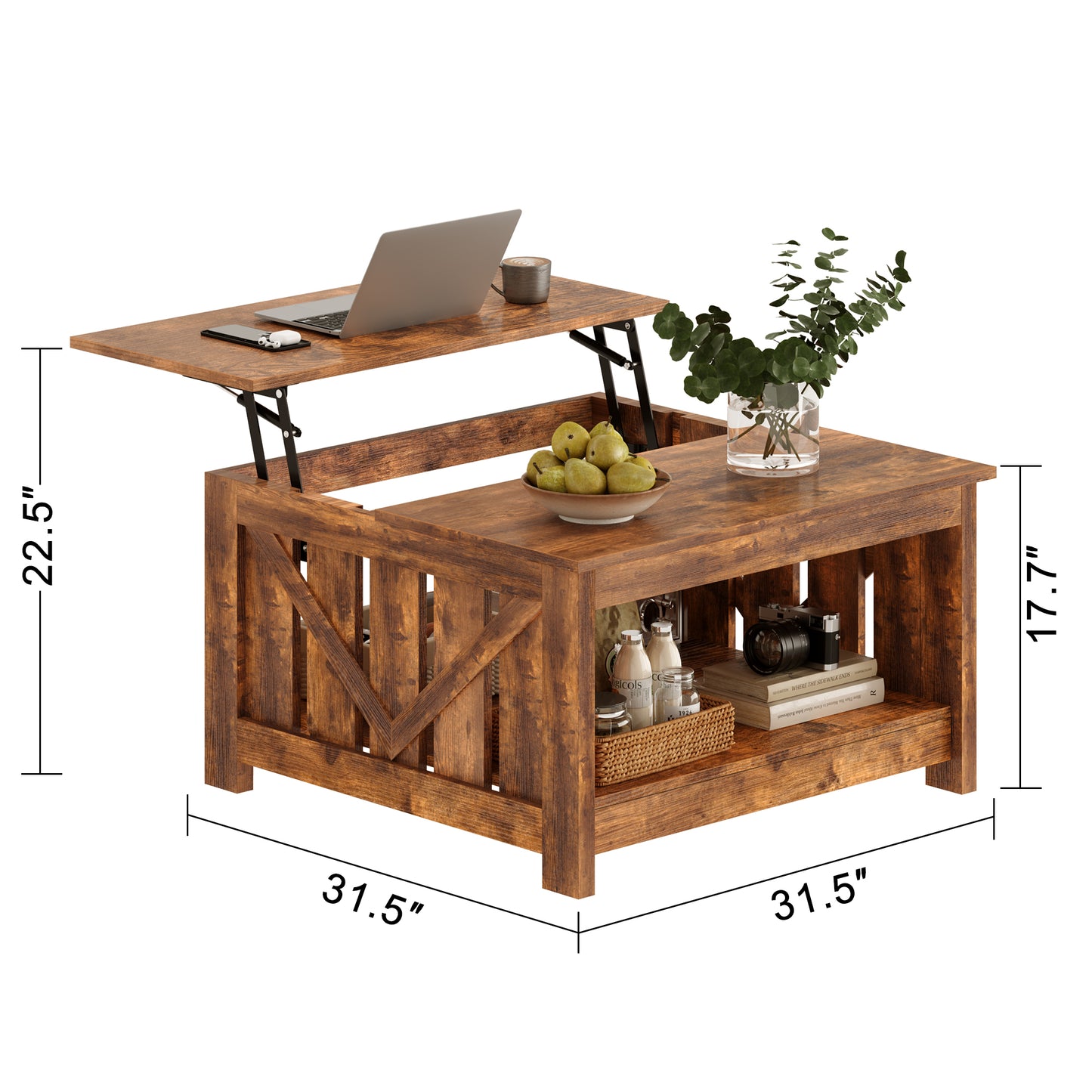 DOVEAID Lift Top Coffee Table with Storage Cabinet and 2 Compartments for Living Room, Brown, 31.5''Hx31.5''W in