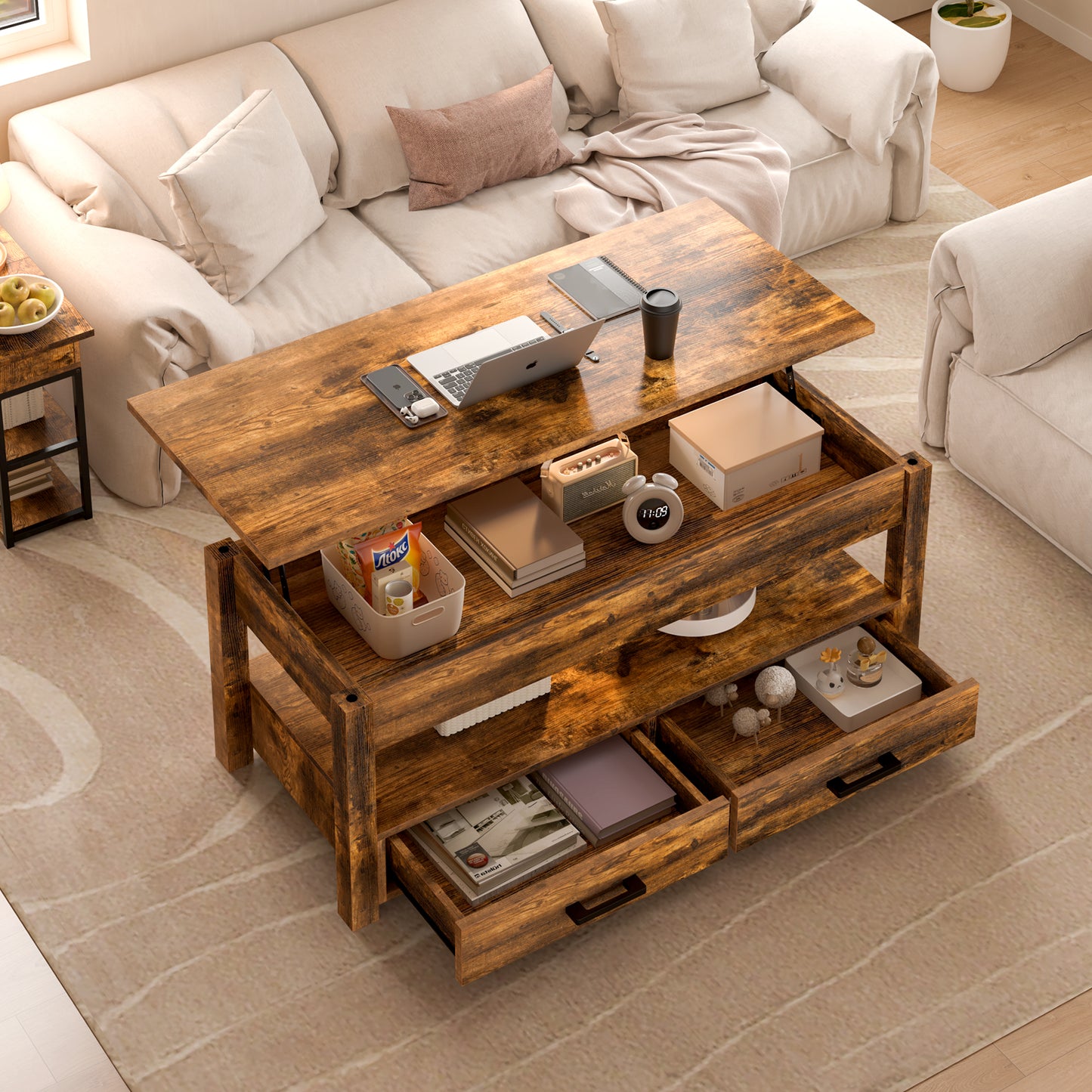 DOVEAID Lift Top Coffee Table with 2 drawers,Wooden Convertible Coffee Table with Storage for Living Room,center Table,Brown,42"