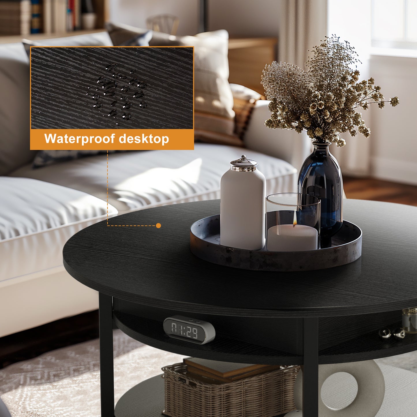 DOVEAID Round Lift Top Small Coffee Table with Storage Modern Farmhouse Center Table with Shelf Small Circle Table for Living Room,Black