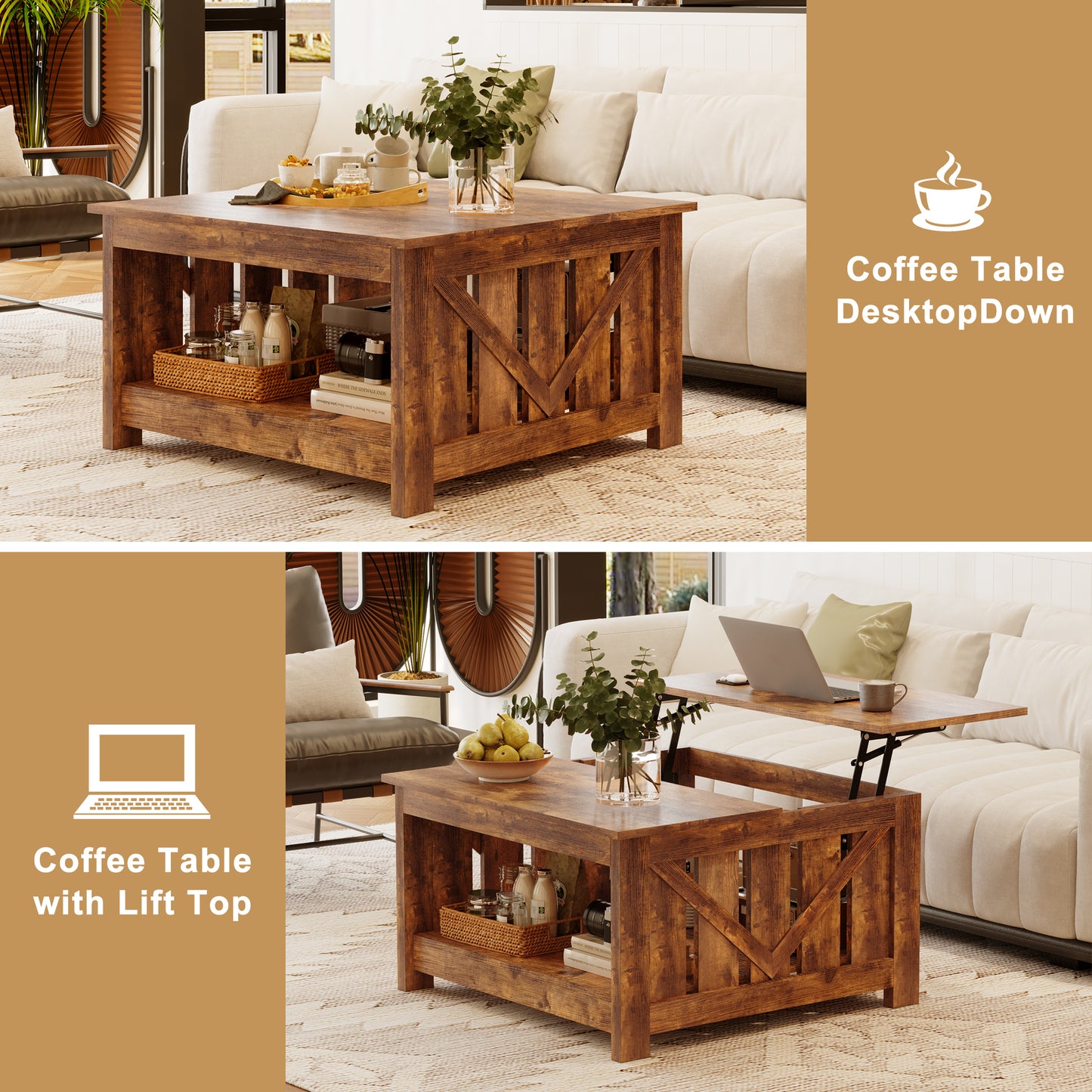DOVEAID Lift Top Coffee Table with Storage Cabinet and 2 Compartments for Living Room, Brown, 31.5''Hx31.5''W in