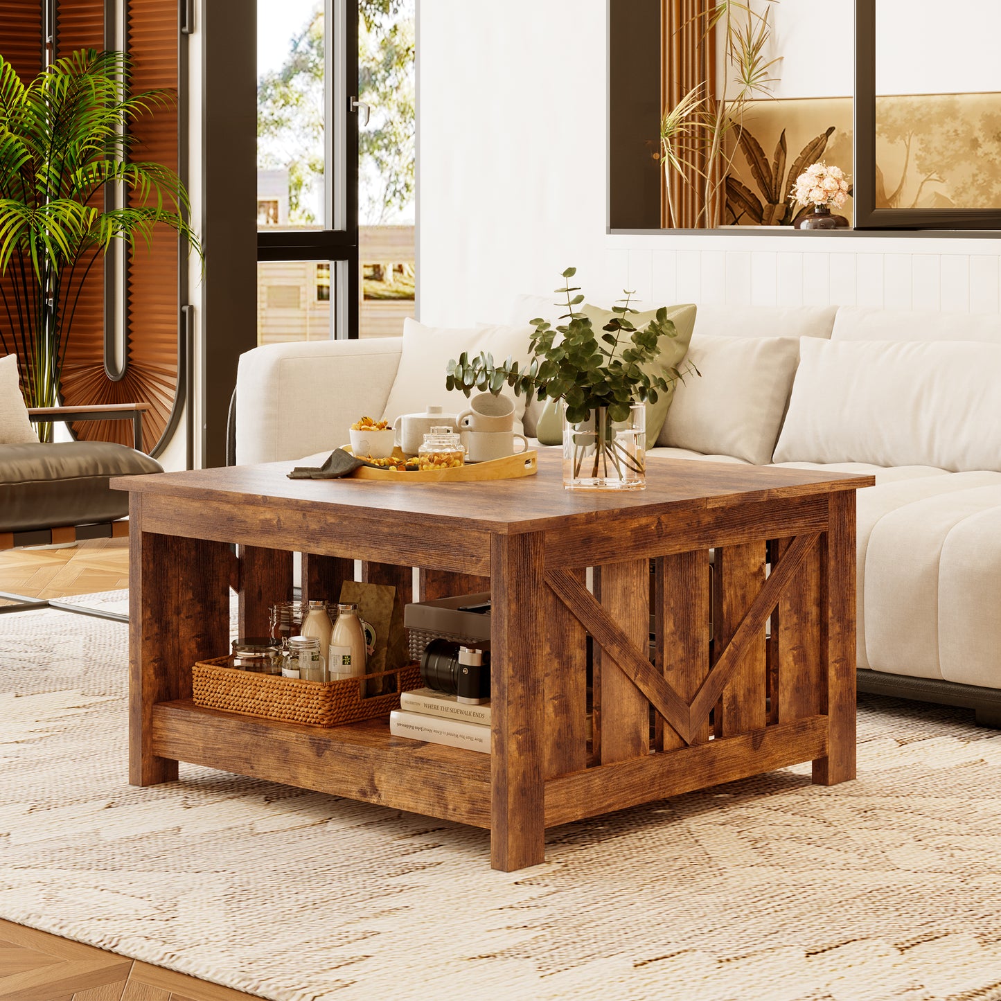 DOVEAID Lift Top Coffee Table with Storage Cabinet and 2 Compartments for Living Room, Brown, 31.5''Hx31.5''W in