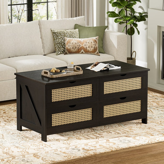 DOVEAID Coffee Table with 4 Drawers, Weave Rattan Table for Living Room, 42''H in, Dark gray, Rectangle