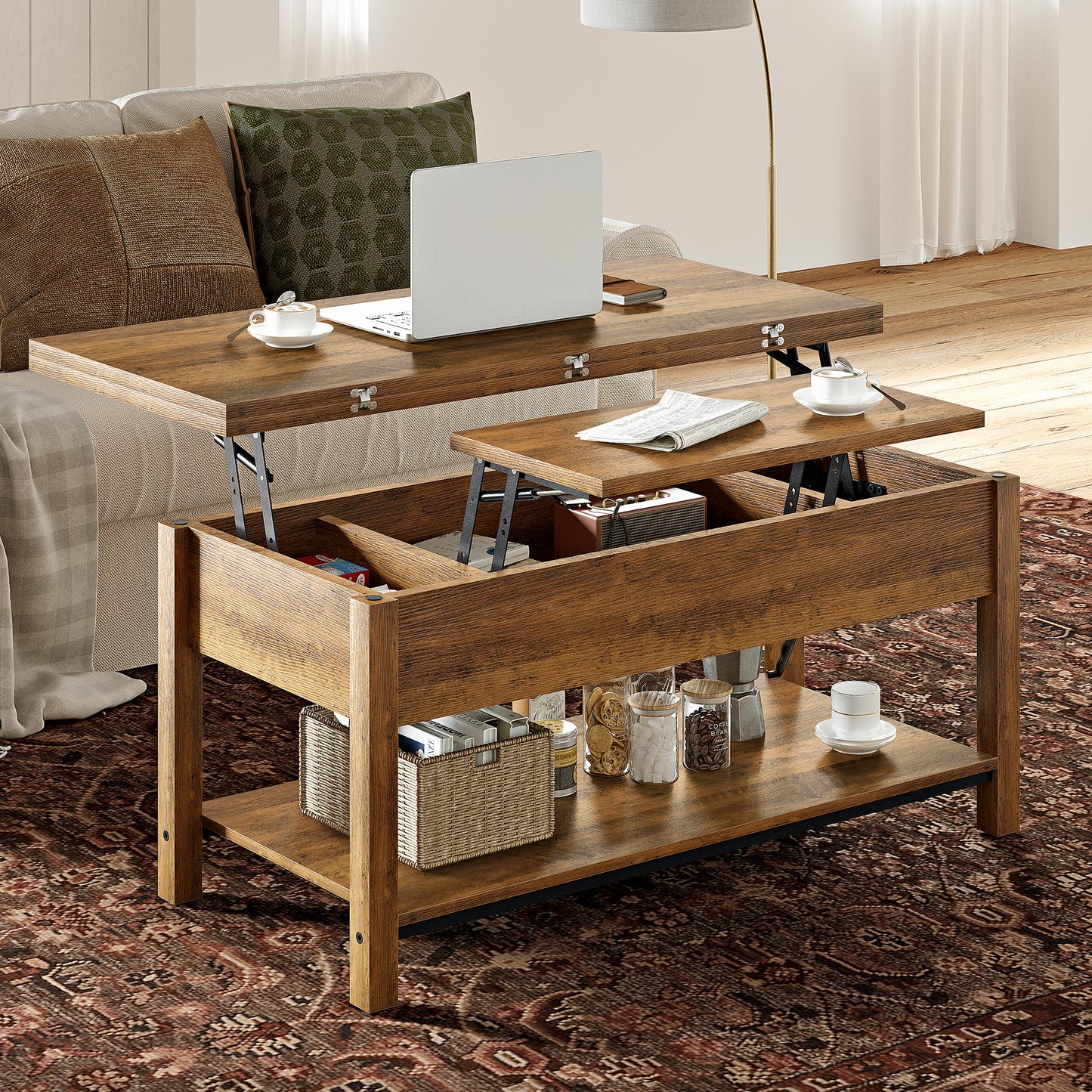 DOVEAID 41.73"Lift Top Coffee Table,4 in 1 Multi-Function Convertible Coffee Table with Hidden Storage Modern Framhouse Coffee Table for Living Room,Light brown