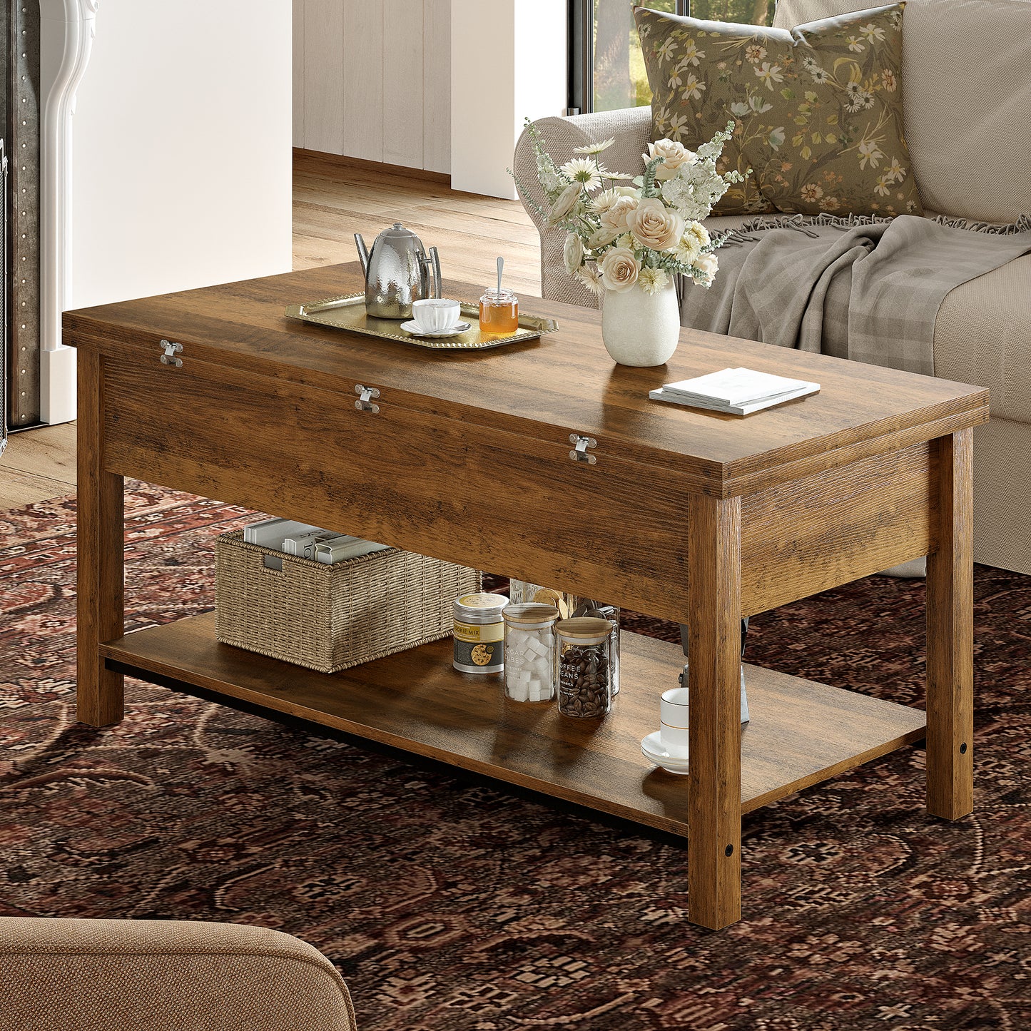 DOVEAID 41.73"Lift Top Coffee Table,4 in 1 Multi-Function Convertible Coffee Table with Hidden Storage Modern Framhouse Coffee Table for Living Room,Light brown