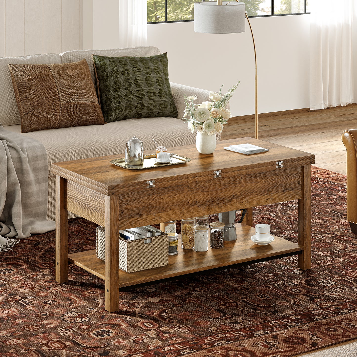 DOVEAID 41.73"Lift Top Coffee Table,4 in 1 Multi-Function Convertible Coffee Table with Hidden Storage Modern Framhouse Coffee Table for Living Room,Light brown