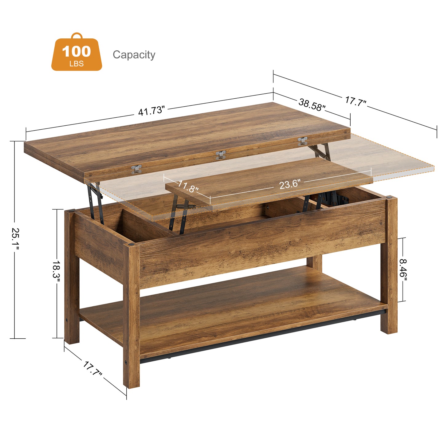 DOVEAID 41.73"Lift Top Coffee Table,4 in 1 Multi-Function Convertible Coffee Table with Hidden Storage Modern Framhouse Coffee Table for Living Room,Light brown