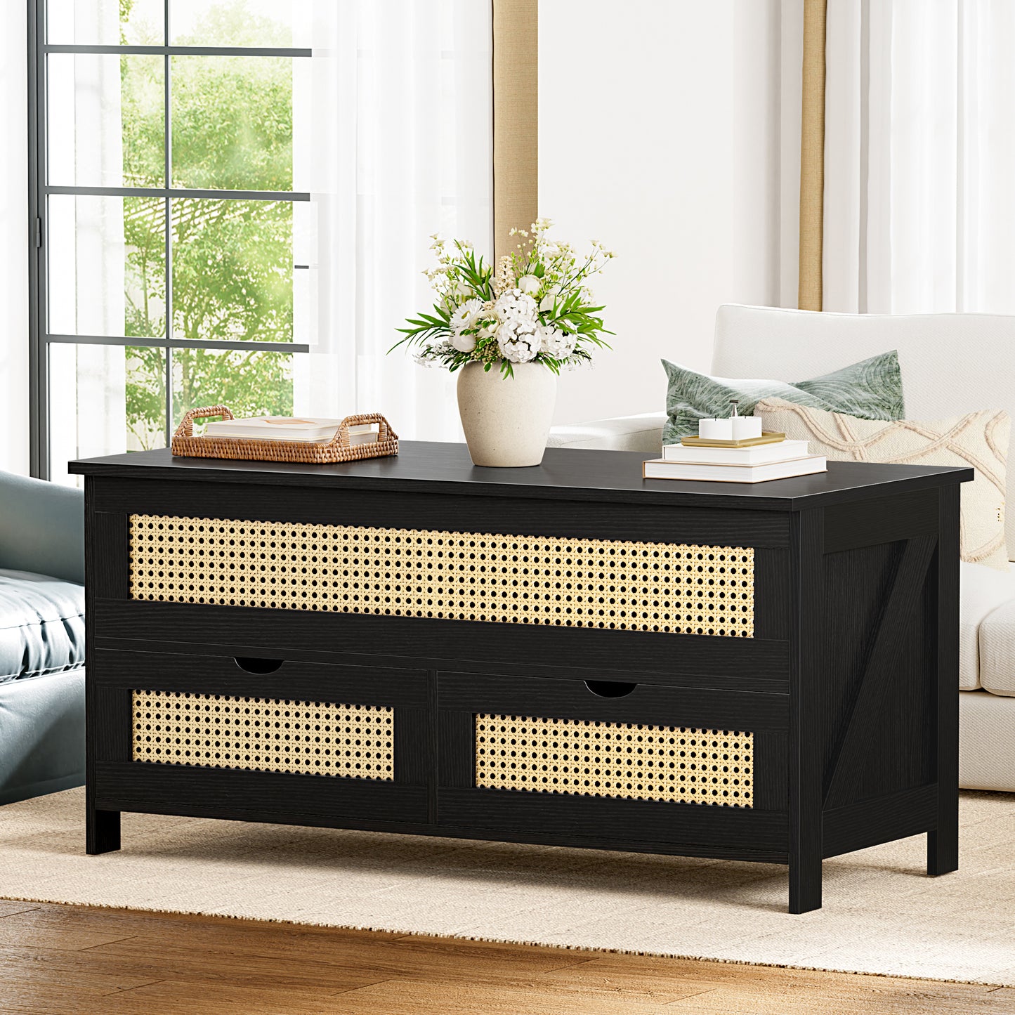 DOVEAID Lift Top Coffee Table with 2 Drawers, Wooden Coffee Table with Storage Cabinet and Hidden Compartments for Living Room, Black, Rattan