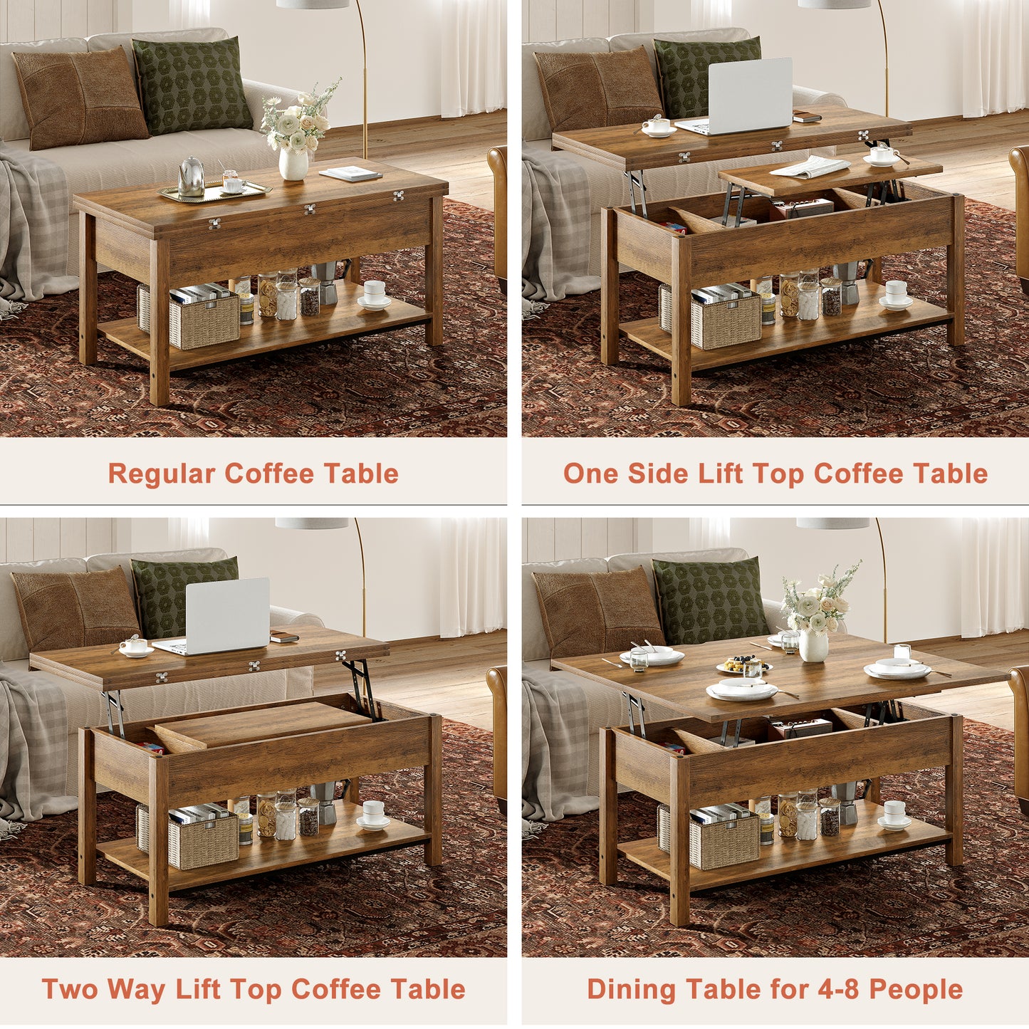 DOVEAID 41.73"Lift Top Coffee Table,4 in 1 Multi-Function Convertible Coffee Table with Hidden Storage Modern Framhouse Coffee Table for Living Room,Light brown