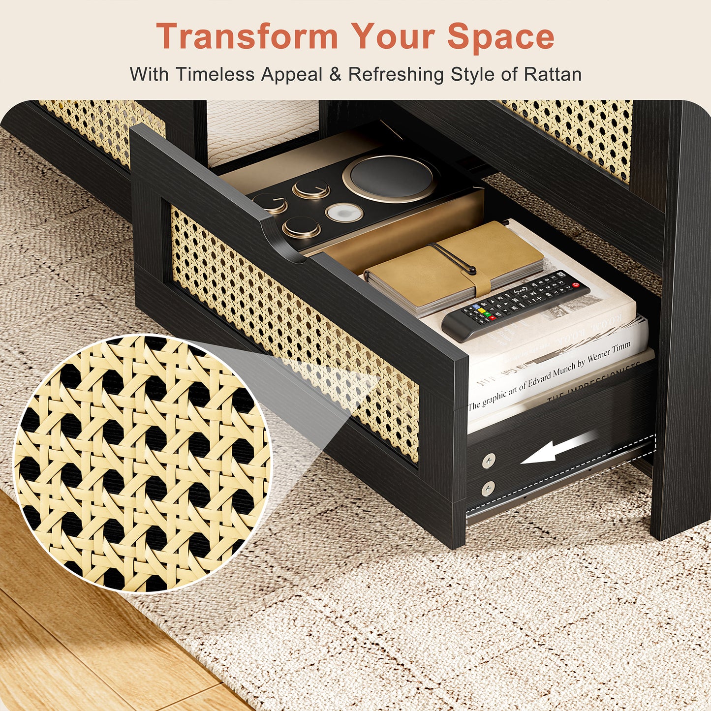 DOVEAID Lift Top Coffee Table with 2 Drawers, Wooden Coffee Table with Storage Cabinet and Hidden Compartments for Living Room, Black, Rattan