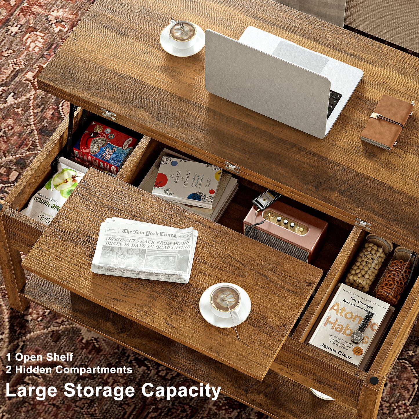 DOVEAID 41.73"Lift Top Coffee Table,4 in 1 Multi-Function Convertible Coffee Table with Hidden Storage Modern Framhouse Coffee Table for Living Room,Light brown