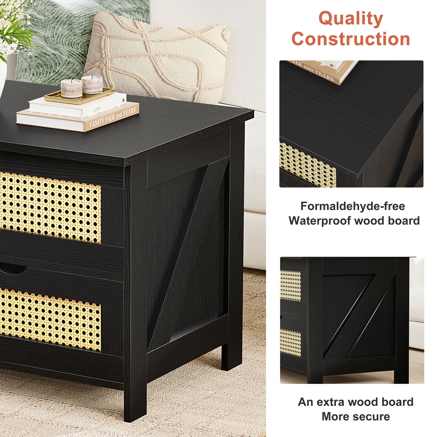 DOVEAID Lift Top Coffee Table with 2 Drawers, Wooden Coffee Table with Storage Cabinet and Hidden Compartments for Living Room, Black, Rattan