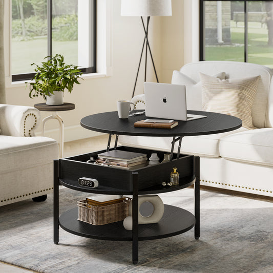 DOVEAID Round Lift Top Small Coffee Table with Storage Modern Farmhouse Center Table with Shelf Small Circle Table for Living Room,Black