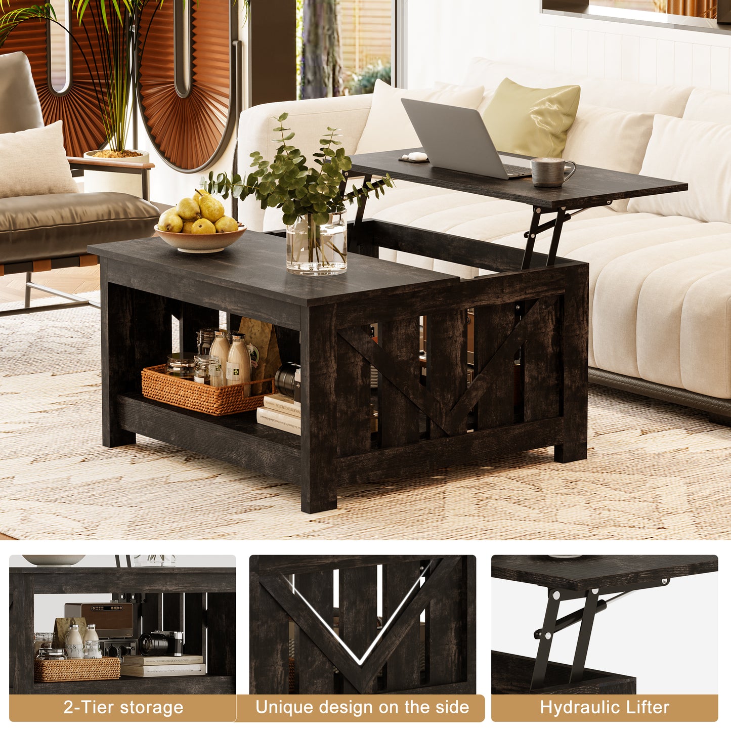 DOVEAID Lift Top Coffee Table with Storage Cabinet and 2 Compartments for Living Room, Black , 31.5''Hx31.5''W in