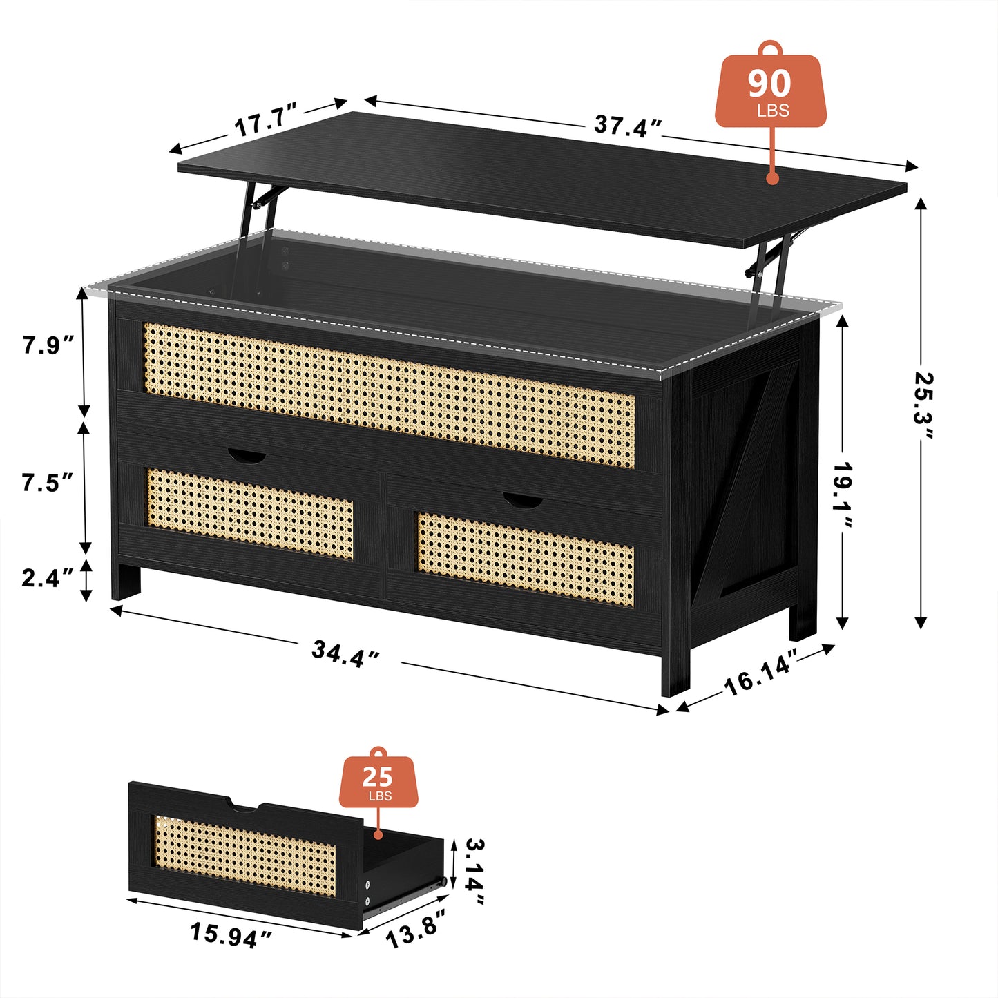 DOVEAID Lift Top Coffee Table with 2 Drawers, Wooden Coffee Table with Storage Cabinet and Hidden Compartments for Living Room, Black, Rattan