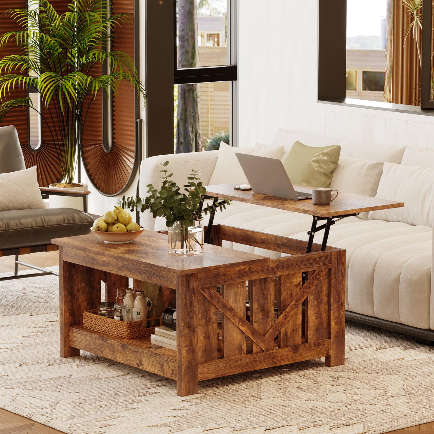 DOVEAID Lift Top Coffee Table with Storage Cabinet and 2 Compartments for Living Room, Brown, 31.5''Hx31.5''W in
