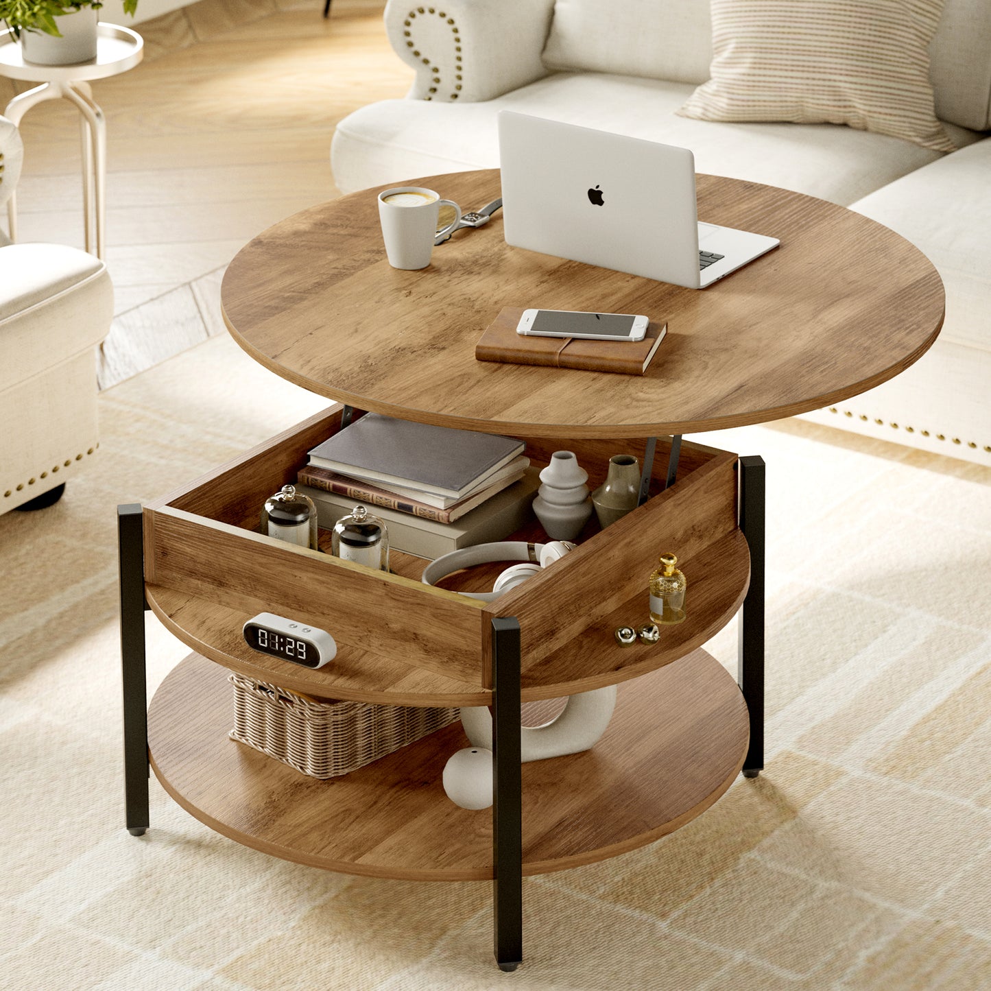 DOVEAID Round Lift Top Small Coffee Table with Storage Modern Farmhouse Center Table with Shelf Small Circle Table for Living Room,Light brown