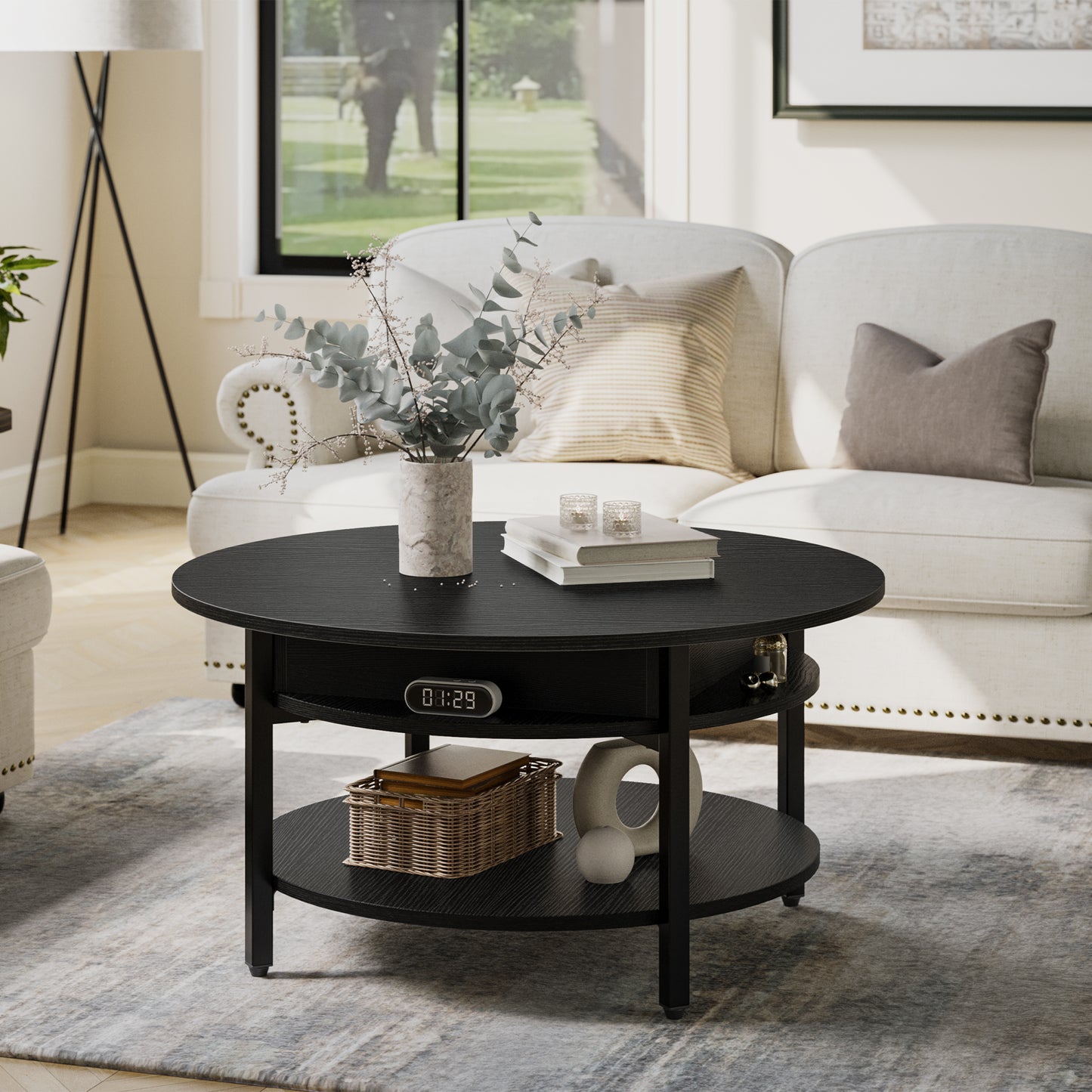 DOVEAID Round Lift Top Small Coffee Table with Storage Modern Farmhouse Center Table with Shelf Small Circle Table for Living Room,Black