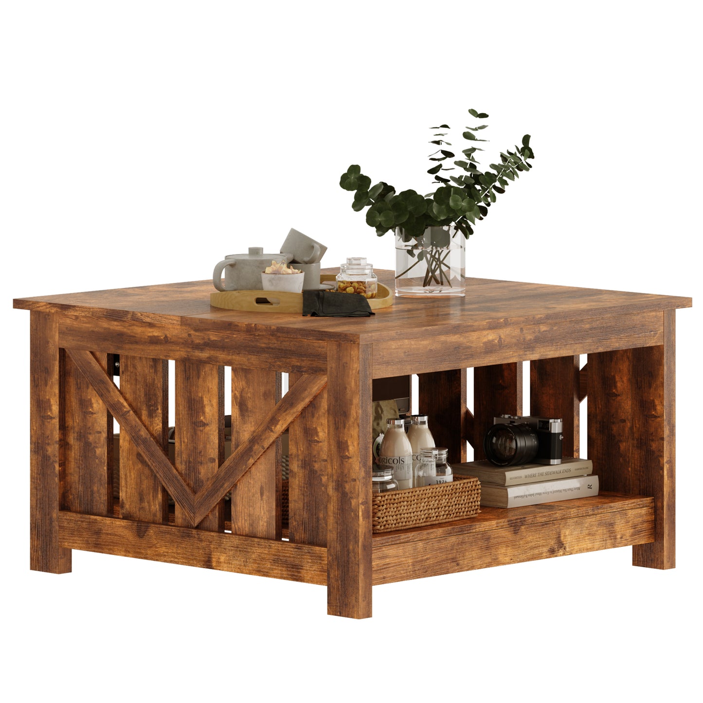 DOVEAID Lift Top Coffee Table with Storage Cabinet and 2 Compartments for Living Room, Brown, 31.5''Hx31.5''W in