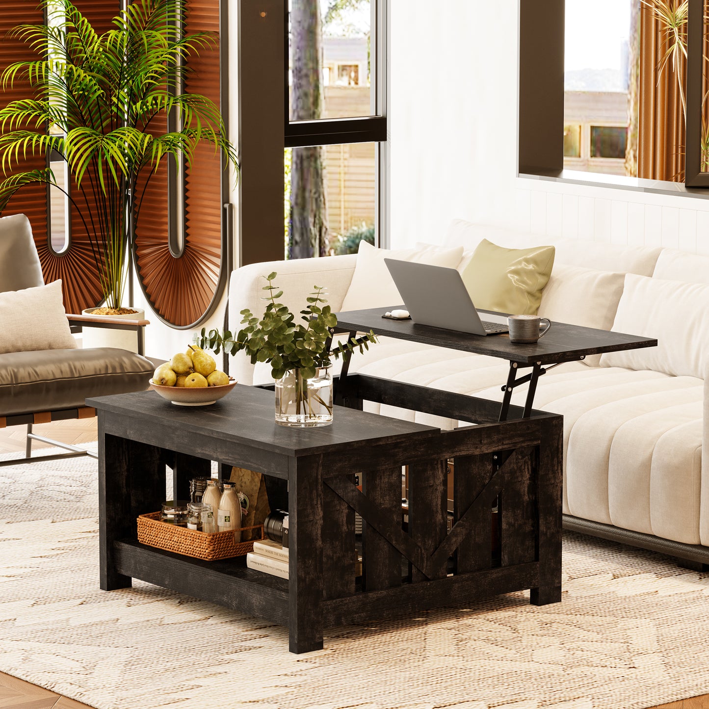 DOVEAID Lift Top Coffee Table with Storage Cabinet and 2 Compartments for Living Room, Black , 31.5''Hx31.5''W in