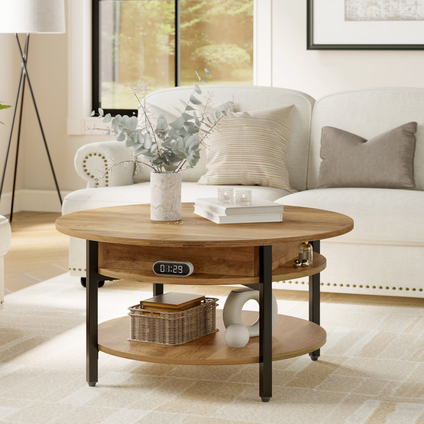 DOVEAID Round Lift Top Small Coffee Table with Storage Modern Farmhouse Center Table with Shelf Small Circle Table for Living Room,Light brown