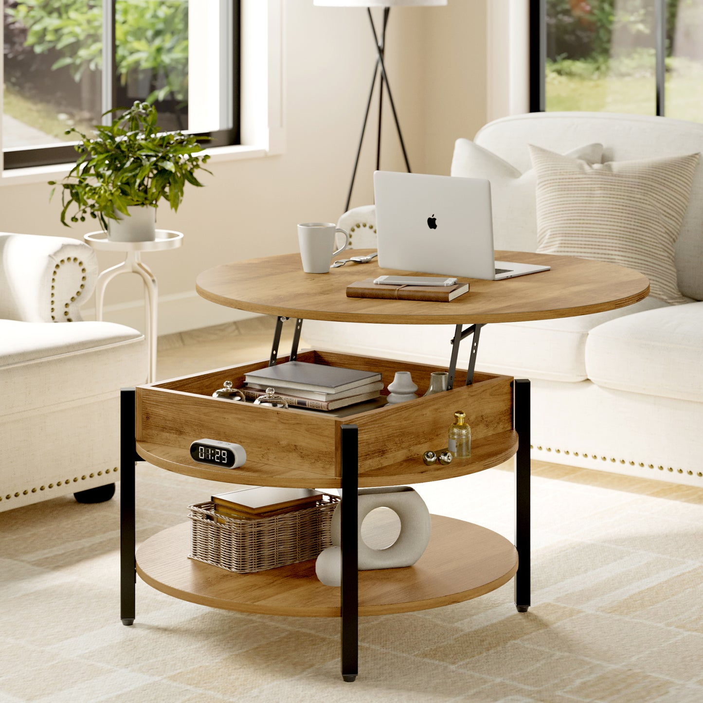 DOVEAID Round Lift Top Small Coffee Table with Storage Modern Farmhouse Center Table with Shelf Small Circle Table for Living Room,Light brown