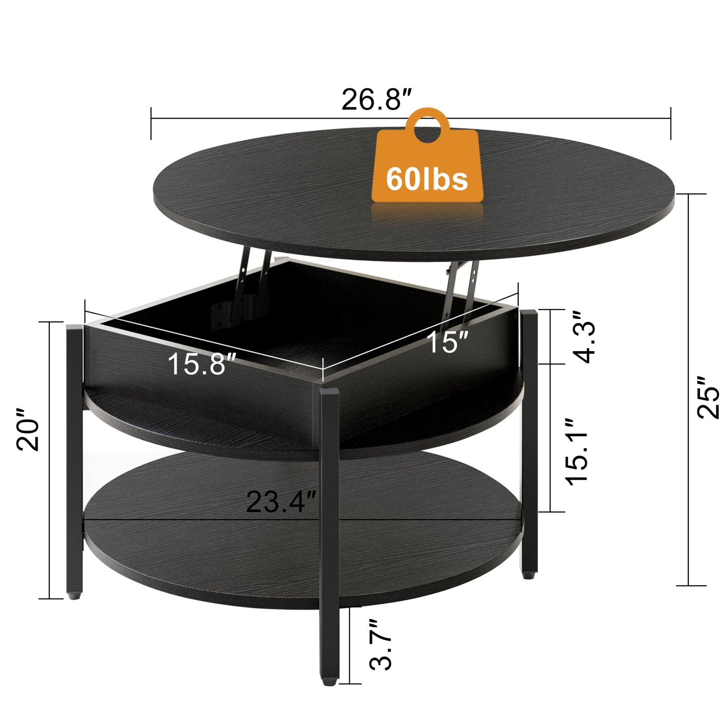 DOVEAID Round Lift Top Small Coffee Table with Storage Modern Farmhouse Center Table with Shelf Small Circle Table for Living Room,Black