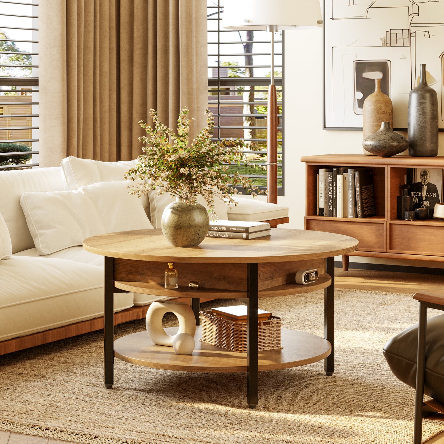 DOVEAID Round Lift Top Small Coffee Table with Storage Modern Farmhouse Center Table with Shelf Small Circle Table for Living Room,Light brown
