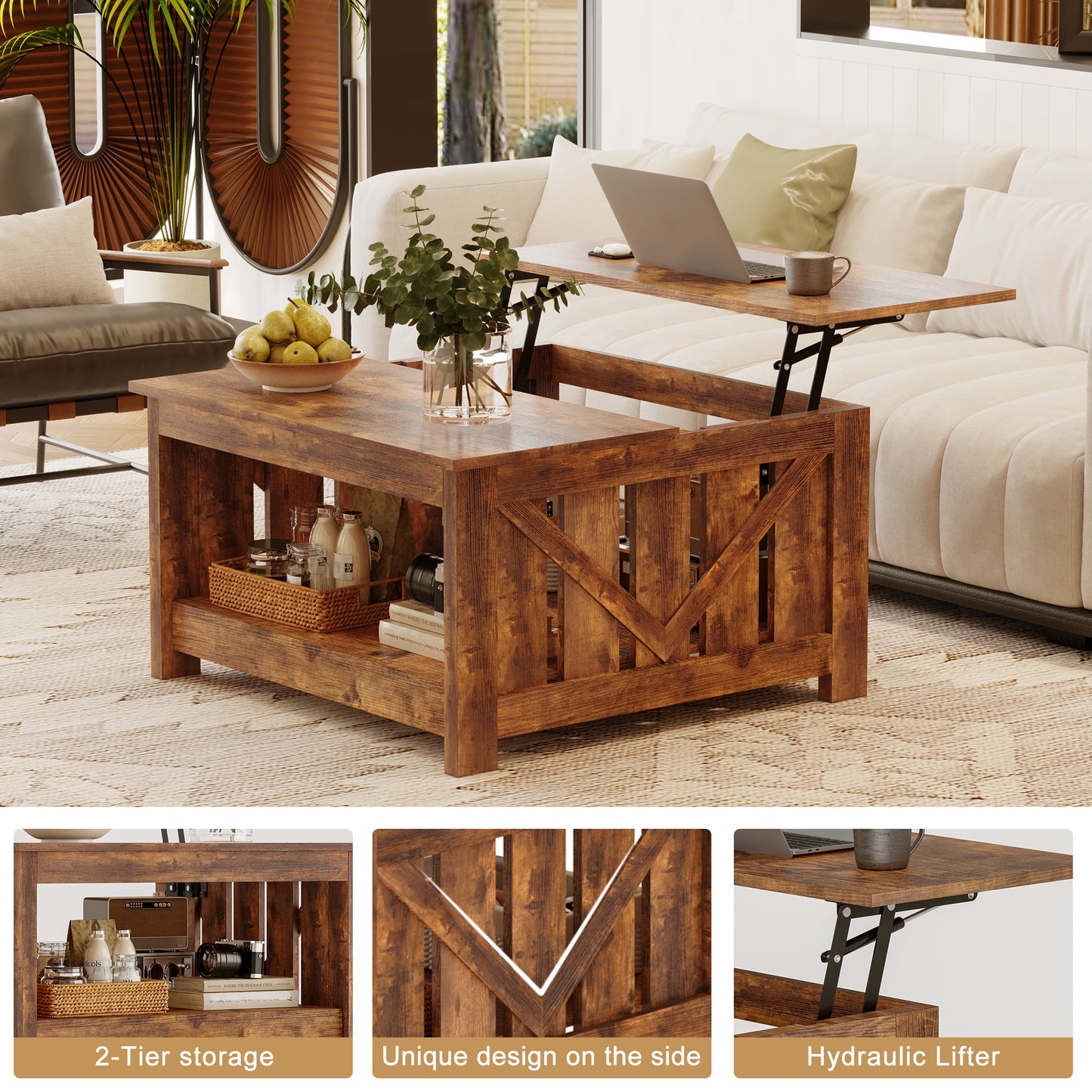DOVEAID Lift Top Coffee Table with Storage Cabinet and 2 Compartments for Living Room, Brown, 31.5''Hx31.5''W in