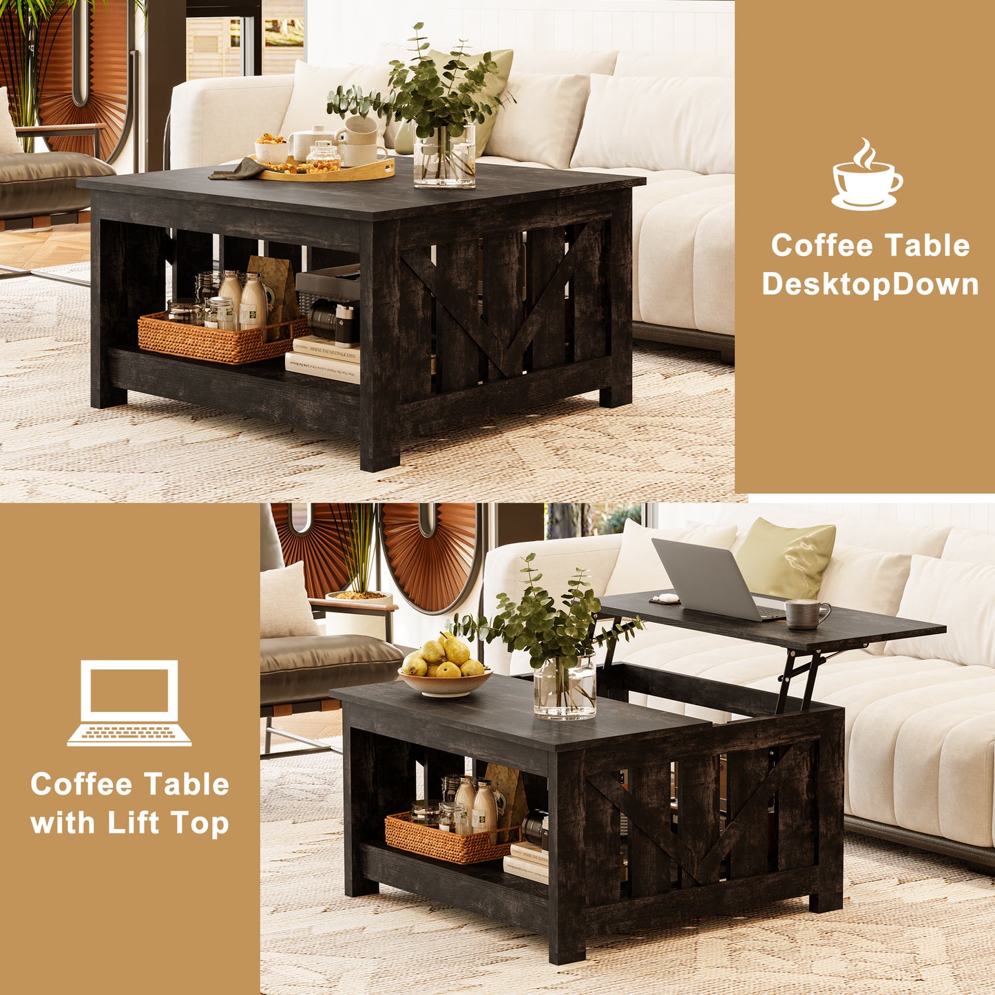 DOVEAID Lift Top Coffee Table with Storage Cabinet and 2 Compartments for Living Room, Black , 31.5''Hx31.5''W in